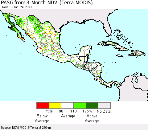 Mexico Central America and the Caribbean PASG from 3-Month NDVI (Terra-MODIS) Thematic Map For 1/17/2023 - 1/24/2023