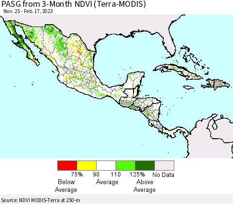 Mexico Central America and the Caribbean PASG from 3-Month NDVI (Terra-MODIS) Thematic Map For 2/10/2023 - 2/17/2023