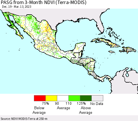 Mexico Central America and the Caribbean PASG from 3-Month NDVI (Terra-MODIS) Thematic Map For 3/6/2023 - 3/13/2023