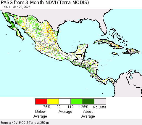 Mexico Central America and the Caribbean PASG from 3-Month NDVI (Terra-MODIS) Thematic Map For 3/22/2023 - 3/29/2023