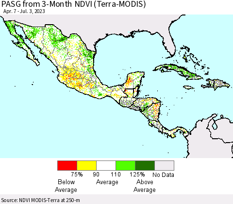 Mexico Central America and the Caribbean PASG from 3-Month NDVI (Terra-MODIS) Thematic Map For 6/26/2023 - 7/3/2023