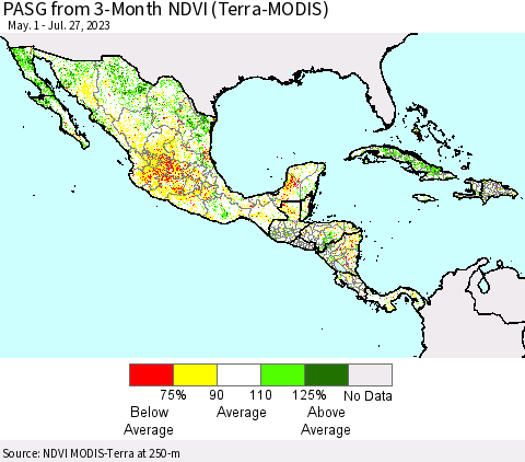 Mexico Central America and the Caribbean PASG from 3-Month NDVI (Terra-MODIS) Thematic Map For 7/20/2023 - 7/27/2023