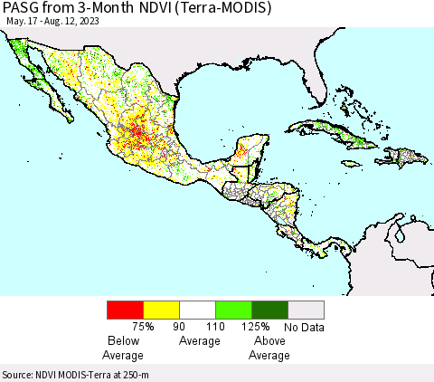 Mexico Central America and the Caribbean PASG from 3-Month NDVI (Terra-MODIS) Thematic Map For 8/5/2023 - 8/12/2023