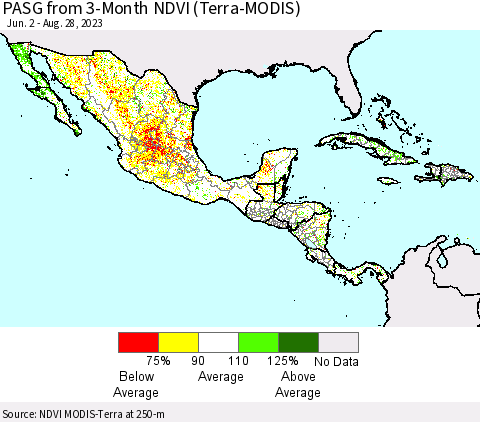 Mexico Central America and the Caribbean PASG from 3-Month NDVI (Terra-MODIS) Thematic Map For 8/21/2023 - 8/28/2023