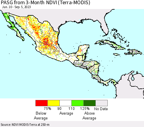 Mexico Central America and the Caribbean PASG from 3-Month NDVI (Terra-MODIS) Thematic Map For 8/29/2023 - 9/5/2023
