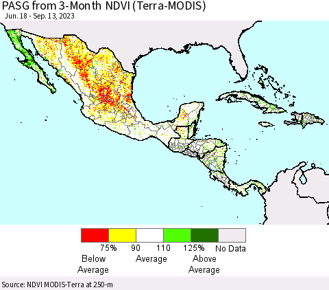 Mexico Central America and the Caribbean PASG from 3-Month NDVI (Terra-MODIS) Thematic Map For 9/6/2023 - 9/13/2023
