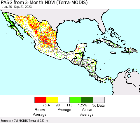 Mexico Central America and the Caribbean PASG from 3-Month NDVI (Terra-MODIS) Thematic Map For 9/14/2023 - 9/21/2023