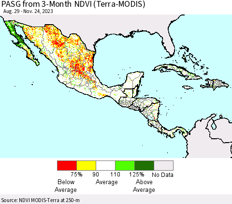 Mexico Central America and the Caribbean PASG from 3-Month NDVI (Terra-MODIS) Thematic Map For 11/17/2023 - 11/24/2023