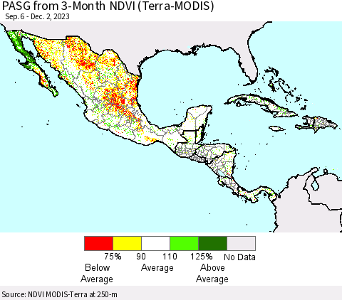 Mexico Central America and the Caribbean PASG from 3-Month NDVI (Terra-MODIS) Thematic Map For 11/25/2023 - 12/2/2023