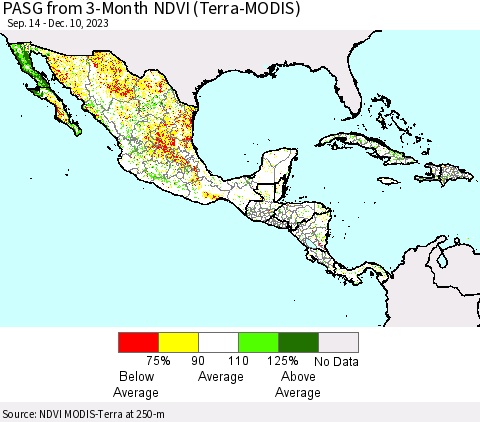 Mexico Central America and the Caribbean PASG from 3-Month NDVI (Terra-MODIS) Thematic Map For 12/3/2023 - 12/10/2023