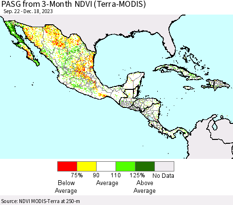 Mexico Central America and the Caribbean PASG from 3-Month NDVI (Terra-MODIS) Thematic Map For 12/11/2023 - 12/18/2023