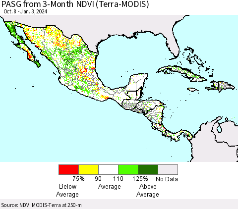 Mexico Central America and the Caribbean PASG from 3-Month NDVI (Terra-MODIS) Thematic Map For 12/27/2023 - 1/3/2024