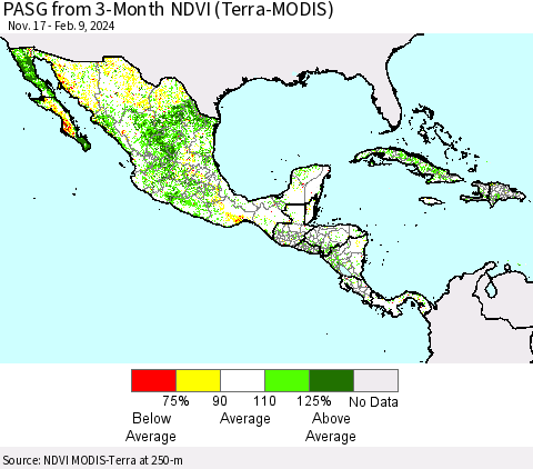Mexico Central America and the Caribbean PASG from 3-Month NDVI (Terra-MODIS) Thematic Map For 2/2/2024 - 2/9/2024