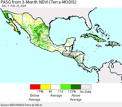 Mexico Central America and the Caribbean PASG from 3-Month NDVI (Terra-MODIS) Thematic Map For 2/18/2024 - 2/25/2024