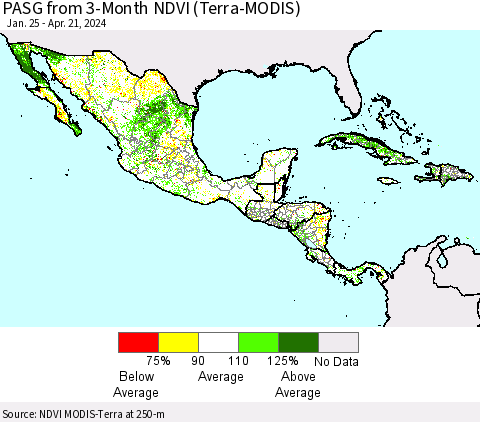 Mexico Central America and the Caribbean PASG from 3-Month NDVI (Terra-MODIS) Thematic Map For 4/14/2024 - 4/21/2024