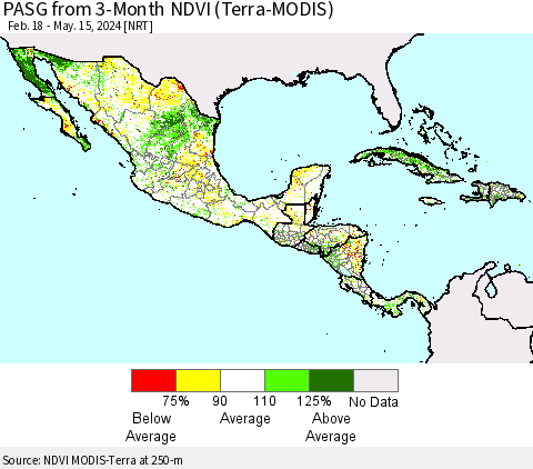 Mexico Central America and the Caribbean PASG from 3-Month NDVI (Terra-MODIS) Thematic Map For 5/8/2024 - 5/15/2024