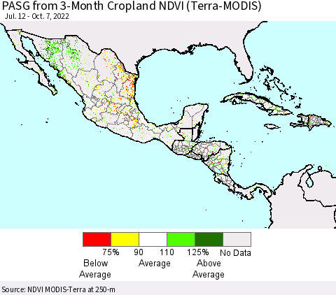 Mexico Central America and the Caribbean PASG from 3-Month Cropland NDVI (Terra-MODIS) Thematic Map For 9/30/2022 - 10/7/2022