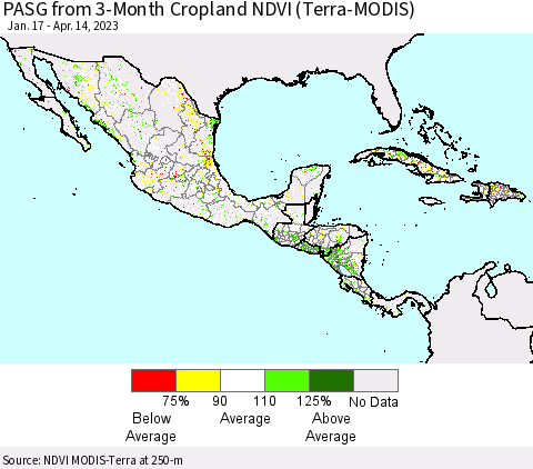 Mexico Central America and the Caribbean PASG from 3-Month Cropland NDVI (Terra-MODIS) Thematic Map For 4/7/2023 - 4/14/2023