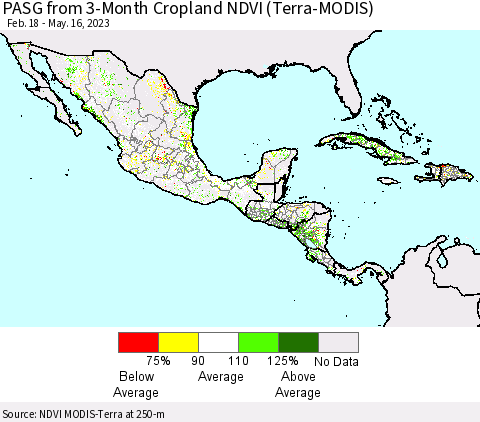 Mexico Central America and the Caribbean PASG from 3-Month Cropland NDVI (Terra-MODIS) Thematic Map For 5/9/2023 - 5/16/2023
