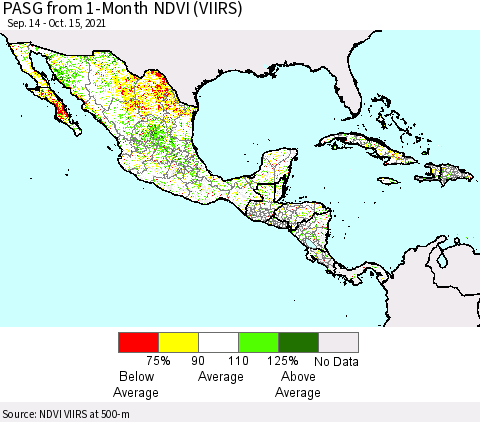 Mexico Central America and the Caribbean PASG from 1-Month NDVI (VIIRS) Thematic Map For 10/8/2021 - 10/15/2021