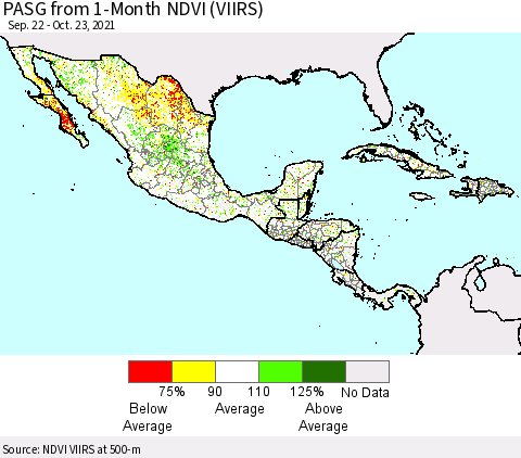 Mexico Central America and the Caribbean PASG from 1-Month NDVI (VIIRS) Thematic Map For 10/16/2021 - 10/23/2021