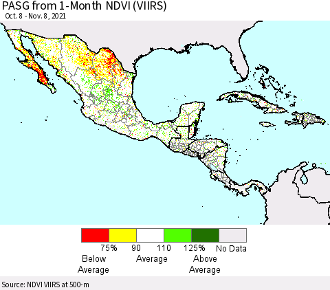 Mexico Central America and the Caribbean PASG from 1-Month NDVI (VIIRS) Thematic Map For 11/1/2021 - 11/8/2021