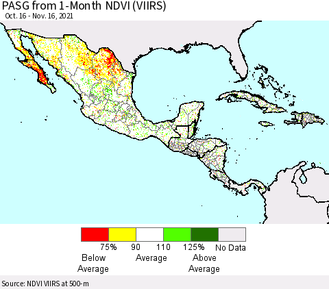 Mexico Central America and the Caribbean PASG from 1-Month NDVI (VIIRS) Thematic Map For 11/9/2021 - 11/16/2021