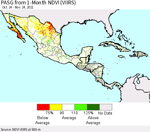 Mexico Central America and the Caribbean PASG from 1-Month NDVI (VIIRS) Thematic Map For 11/17/2021 - 11/24/2021