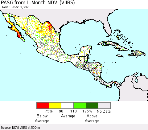 Mexico Central America and the Caribbean PASG from 1-Month NDVI (VIIRS) Thematic Map For 11/25/2021 - 12/2/2021
