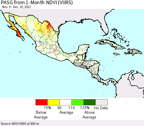 Mexico Central America and the Caribbean PASG from 1-Month NDVI (VIIRS) Thematic Map For 12/3/2021 - 12/10/2021