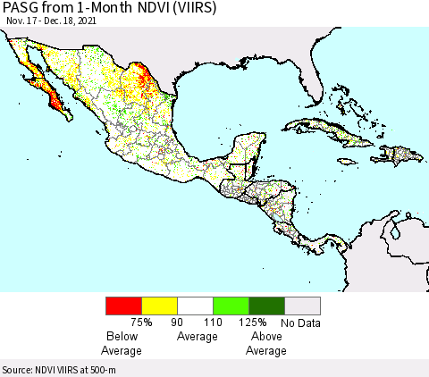 Mexico Central America and the Caribbean PASG from 1-Month NDVI (VIIRS) Thematic Map For 12/11/2021 - 12/18/2021