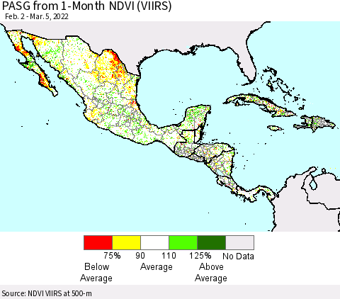 Mexico Central America and the Caribbean PASG from 1-Month NDVI (VIIRS) Thematic Map For 2/26/2022 - 3/5/2022