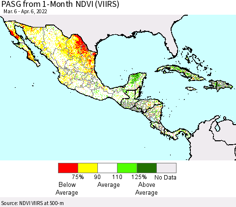 Mexico Central America and the Caribbean PASG from 1-Month NDVI (VIIRS) Thematic Map For 3/30/2022 - 4/6/2022