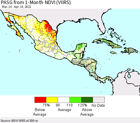 Mexico Central America and the Caribbean PASG from 1-Month NDVI (VIIRS) Thematic Map For 4/7/2022 - 4/14/2022