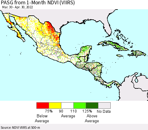 Mexico Central America and the Caribbean PASG from 1-Month NDVI (VIIRS) Thematic Map For 4/23/2022 - 4/30/2022