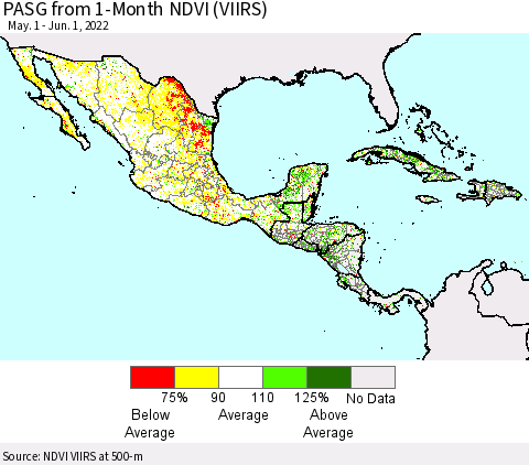 Mexico Central America and the Caribbean PASG from 1-Month NDVI (VIIRS) Thematic Map For 5/25/2022 - 6/1/2022