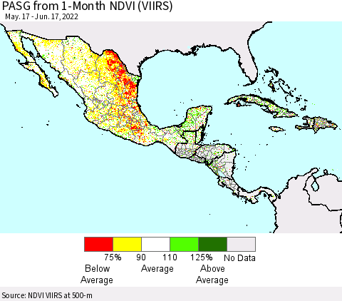 Mexico Central America and the Caribbean PASG from 1-Month NDVI (VIIRS) Thematic Map For 6/10/2022 - 6/17/2022