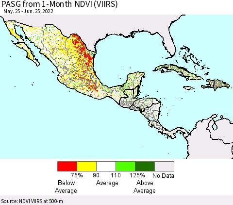 Mexico Central America and the Caribbean PASG from 1-Month NDVI (VIIRS) Thematic Map For 6/18/2022 - 6/25/2022