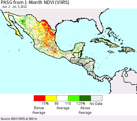 Mexico Central America and the Caribbean PASG from 1-Month NDVI (VIIRS) Thematic Map For 6/26/2022 - 7/3/2022