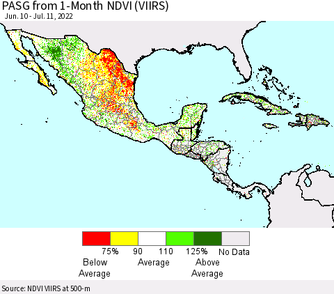 Mexico Central America and the Caribbean PASG from 1-Month NDVI (VIIRS) Thematic Map For 7/4/2022 - 7/11/2022