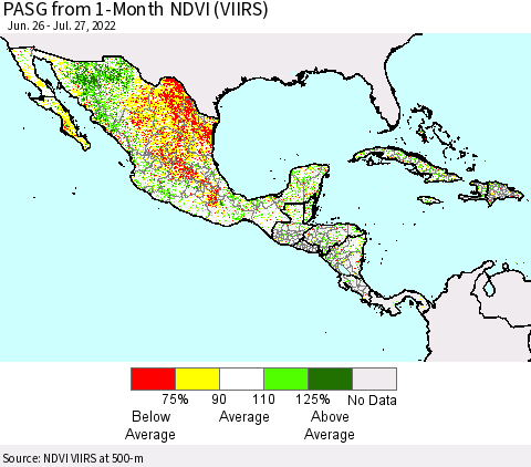 Mexico Central America and the Caribbean PASG from 1-Month NDVI (VIIRS) Thematic Map For 7/20/2022 - 7/27/2022