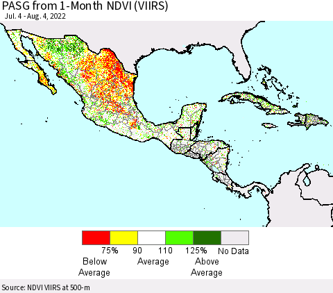 Mexico Central America and the Caribbean PASG from 1-Month NDVI (VIIRS) Thematic Map For 7/28/2022 - 8/4/2022
