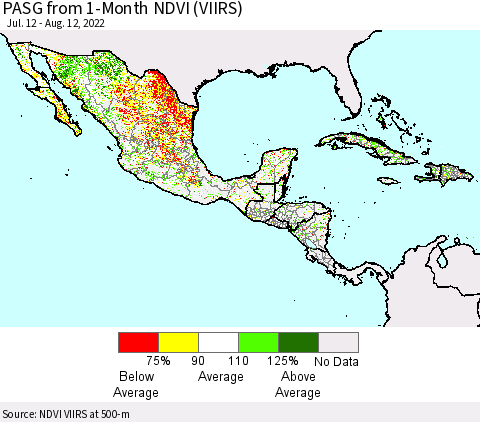 Mexico Central America and the Caribbean PASG from 1-Month NDVI (VIIRS) Thematic Map For 8/5/2022 - 8/12/2022