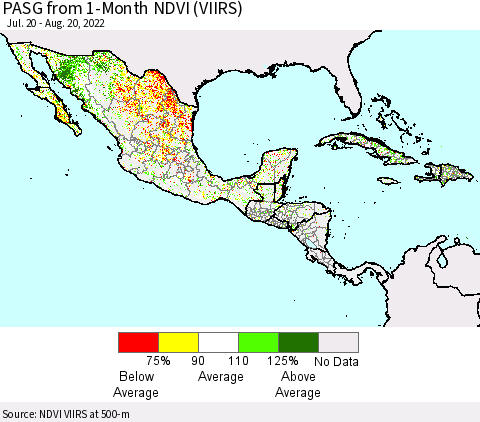 Mexico Central America and the Caribbean PASG from 1-Month NDVI (VIIRS) Thematic Map For 8/13/2022 - 8/20/2022