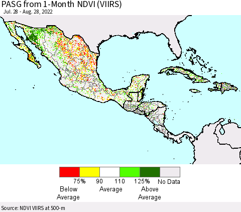 Mexico Central America and the Caribbean PASG from 1-Month NDVI (VIIRS) Thematic Map For 8/21/2022 - 8/28/2022