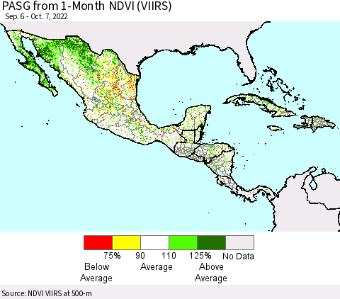 Mexico Central America and the Caribbean PASG from 1-Month NDVI (VIIRS) Thematic Map For 9/30/2022 - 10/7/2022