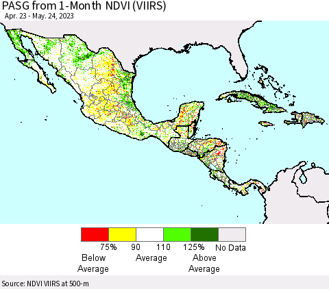 Mexico Central America and the Caribbean PASG from 1-Month NDVI (VIIRS) Thematic Map For 5/17/2023 - 5/24/2023