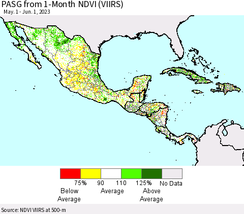 Mexico Central America and the Caribbean PASG from 1-Month NDVI (VIIRS) Thematic Map For 5/25/2023 - 6/1/2023