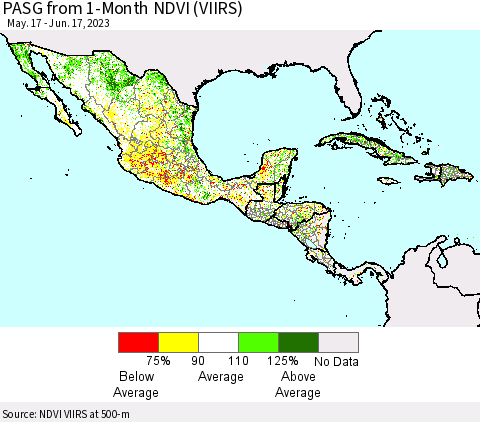 Mexico Central America and the Caribbean PASG from 1-Month NDVI (VIIRS) Thematic Map For 6/10/2023 - 6/17/2023