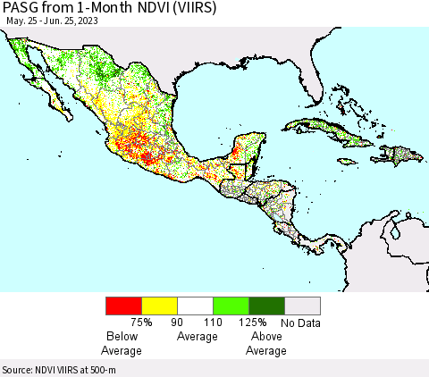 Mexico Central America and the Caribbean PASG from 1-Month NDVI (VIIRS) Thematic Map For 6/18/2023 - 6/25/2023